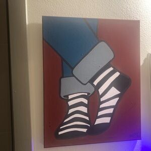 Art by me size 16x20 Abstract Art Painting with Striped Socks in Blue and Red